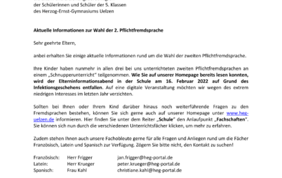 Elterninformation für den 5. Jahrgang zur Wahl der zweiten Pflichtfremdsprache 