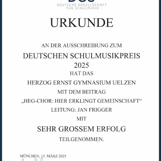 Deutscher Schulmusikpreis: Auszeichnung für das HEG!