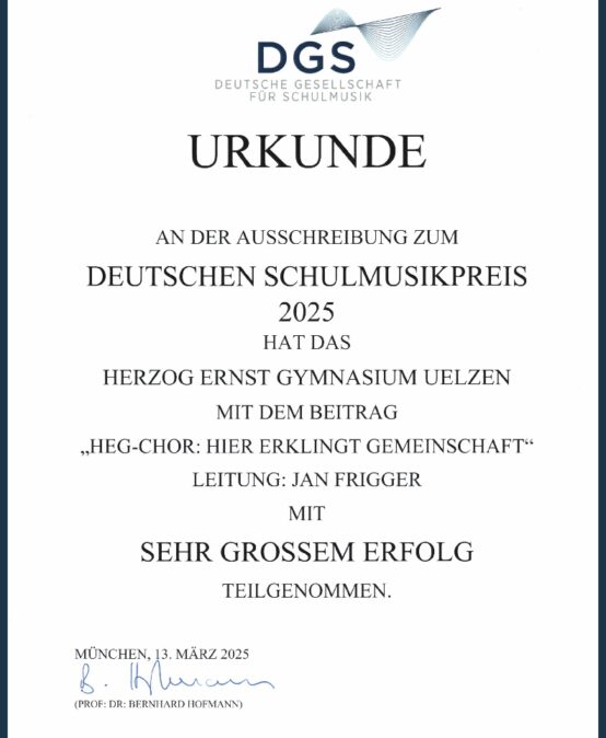 Deutscher Schulmusikpreis: Auszeichnung für das HEG!